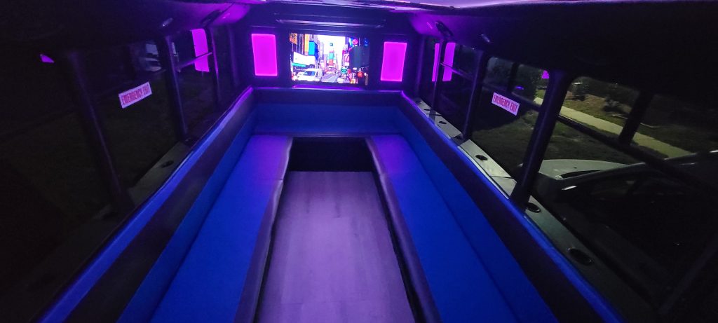 Luxury Karaoke Party Bus Rental in Atlanta with Wet Bar and LED Lighting.