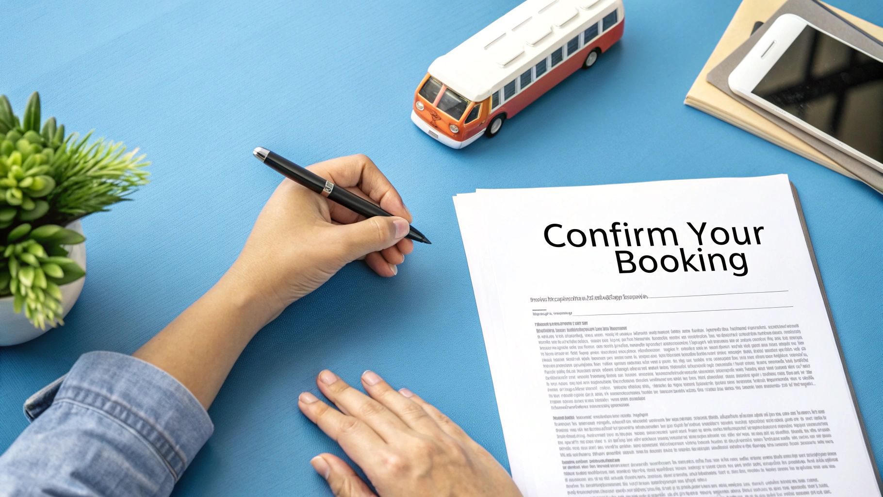 Hands writing on a travel booking confirmation document with a toy bus and phone on a blue desk.