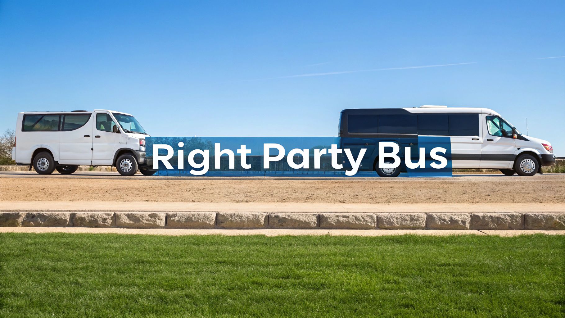Two party buses, one white and one white with dark windows, parked under a clear blue sky with 'Right Party Bus' text overlay.