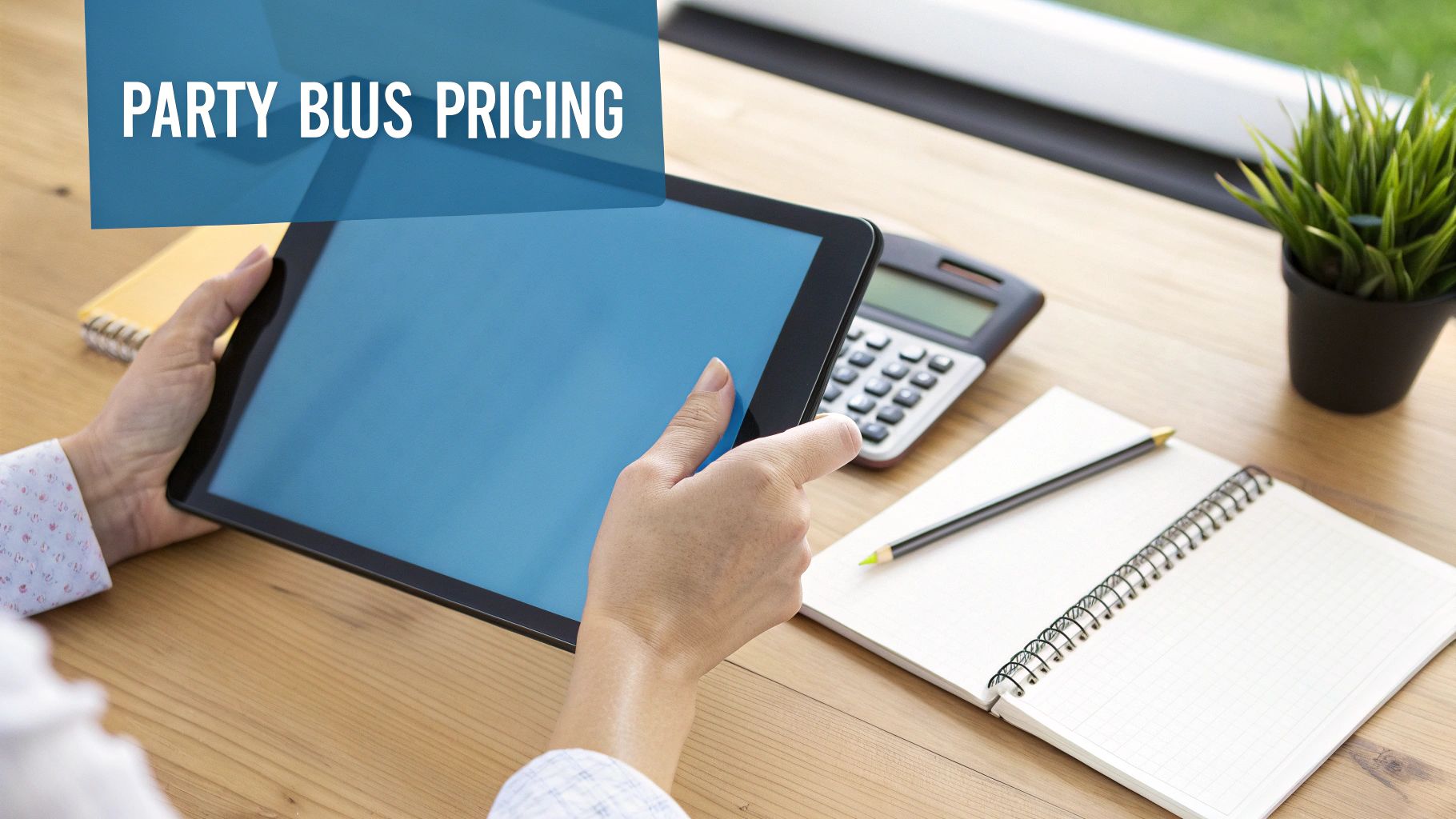 Person holding a tablet on a wooden desk with calculator, notebook, and plant, featuring 'PARTY BLWS PRICING'.