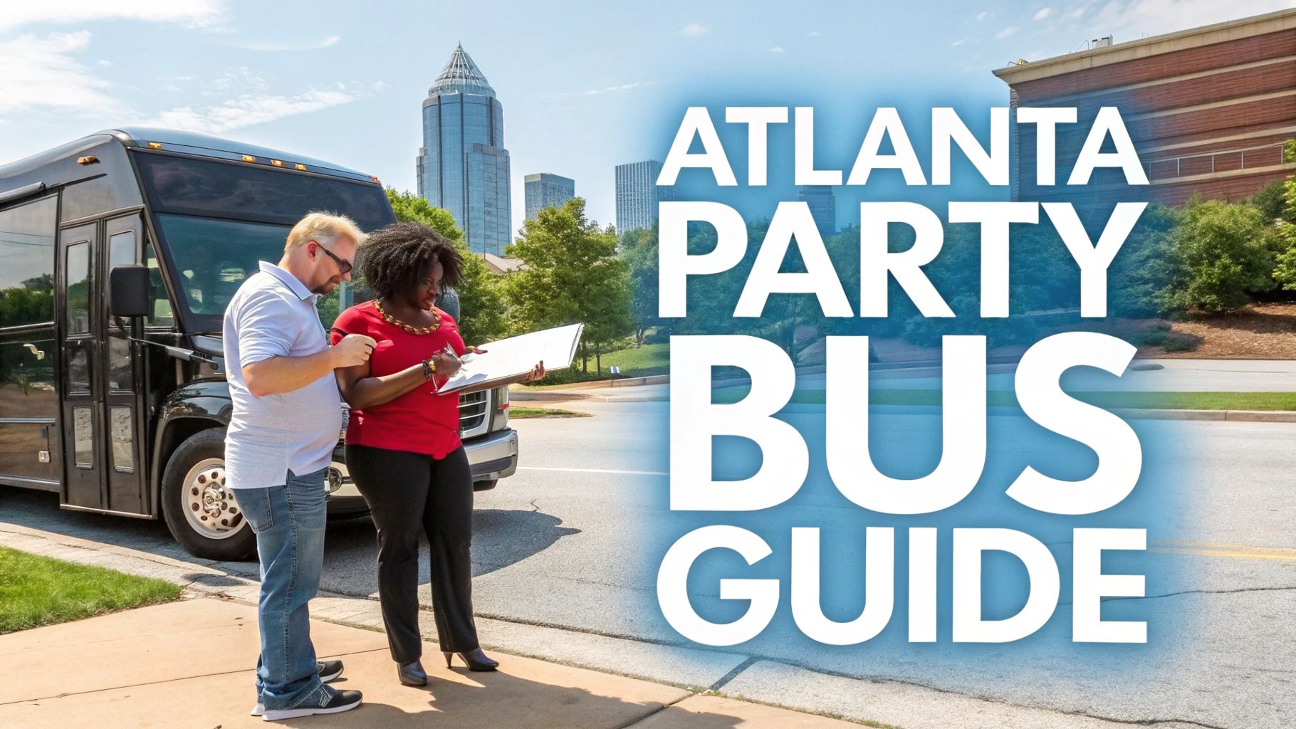 A man and woman discuss plans beside a black party bus in Atlanta with city skyline.